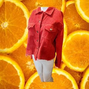 POL Red Corduroy Cropped Trucker Jacket‎ Button Front Raw Hem Size S